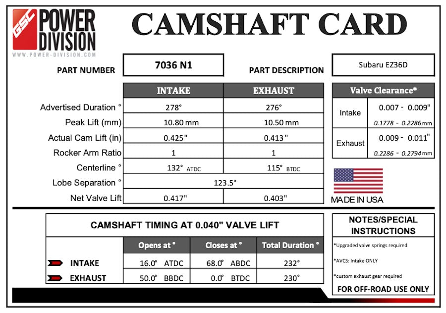 GSC Billet Camshafts For EZ36 Engine Non Turbo Grind (Exhaust AVCS Deleted)