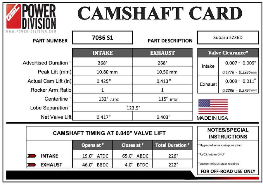 GSC Billet Stage 1 Camshafts For EZ36 Engine (Exhaust AVCS Deleted)